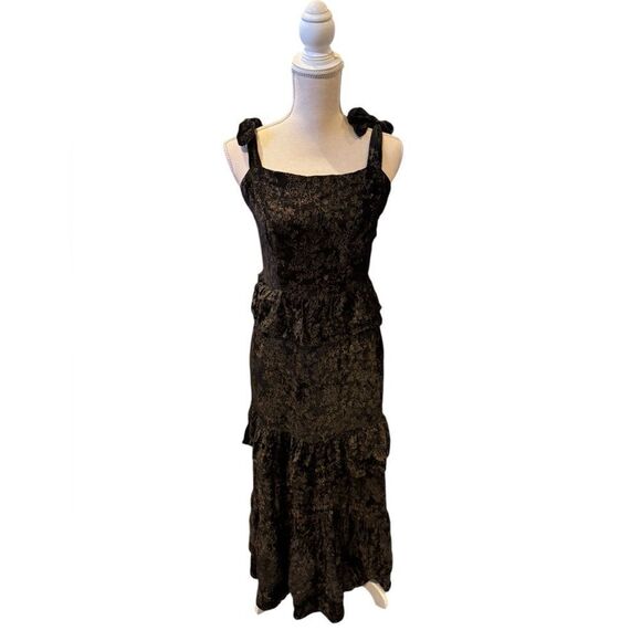Victoria Dunn Tiered Maxi Dress Tie Shoulders Gatsby Black Velvet NWT XS - Picture 1 of 5